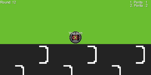 A puck on the grass part of a race circuit, with a kart drawn within, a “Your turn” label on top of it, a “Round: 12” label on the top-left corner of the screen, and the players’ ranking on the top-right corner