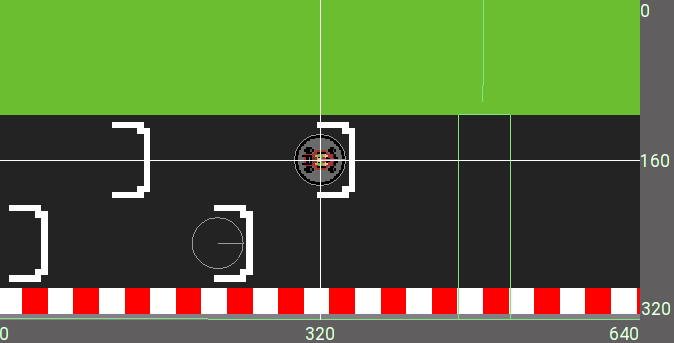 Race circuit with with a puck at the center. At the bottom there is a “0” on the left, a “320” in the middle, and “640” on the right; at the right border there is a “0” on top, a “160” in the center, and a “320” at the bottom.